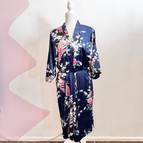 Oriental Village Silk Collection Blue Floral Kimono Robe Silk Loungewear OS - Picture 1 of 5